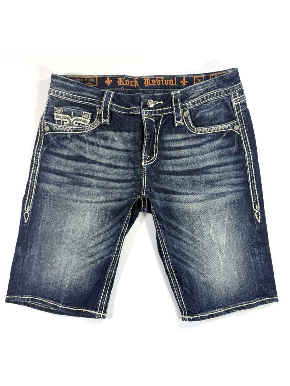 Rock Revival Womens Sherry Easy Bermuda Jean Shorts Sz 28 Blue Denim Rhinestone